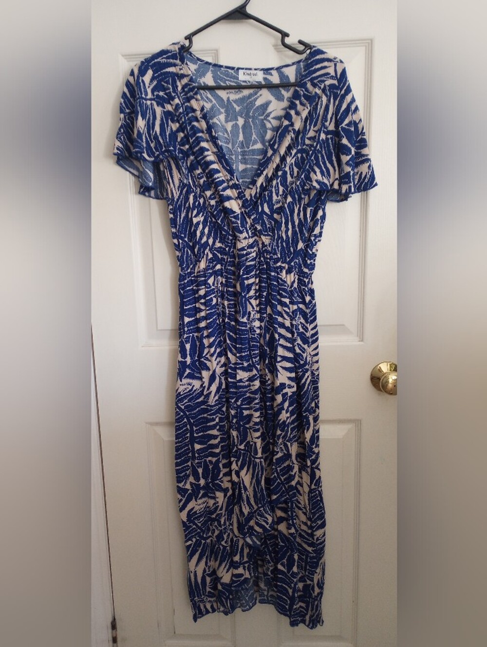 Blue And Cream/Tan Botanical Floral Print Dress